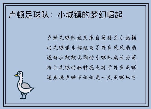 卢顿足球队：小城镇的梦幻崛起