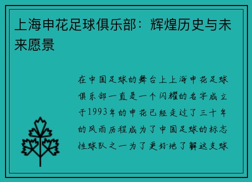 上海申花足球俱乐部：辉煌历史与未来愿景